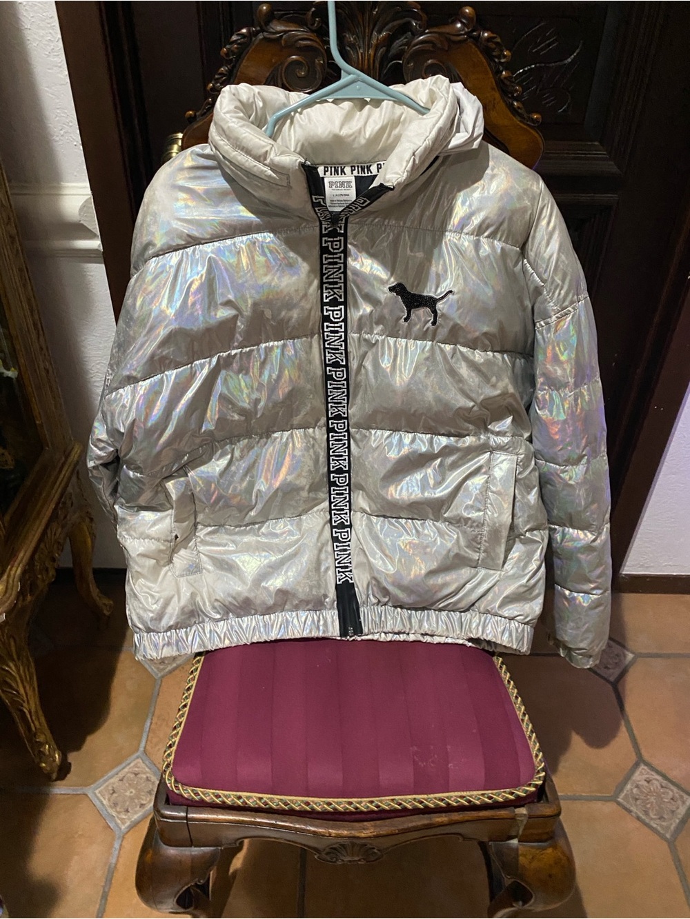 PINK Victoria's Secret Iridescent Silver Bomber Jacket with Black Trim - Picture 2 of 10